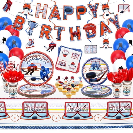Hockey Party Supplies - Ice Hockey Birthday Party Set Including Plates, Cups, Napkins, Tableware, Tablecloth, Hanging Swirl, Balloons, Banner for Kid's Hockey Fans Birthday Gameday - Serves 20