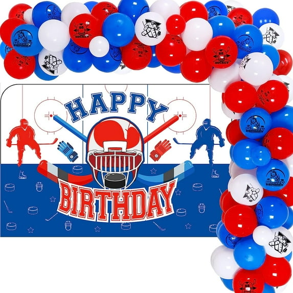 Hockey Party Supplies, Ice Hockey Sports Themed Birthday Party Set Including HAPPY BIRTHDAY Backdrop Banner and 75 Balloons for Boys Hockey Fans Birthday Party Sports Event Gameday Decorations