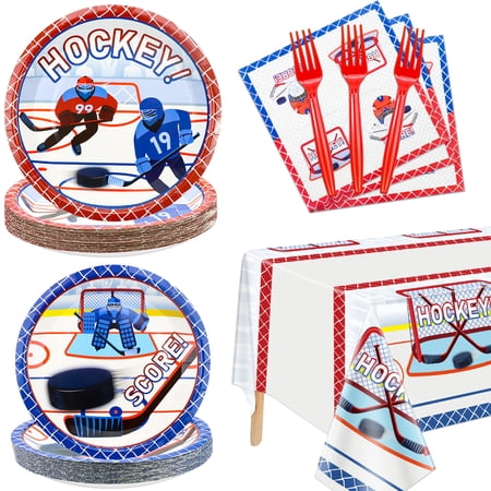 Hockey Party Supplies Serve 40 - 162Pcs Plates Napkins Tablecloth Forks Set for Kid's Hockey Fans Birthday Gameday Hockey Theme Party Decorations