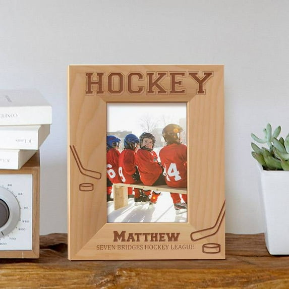Hockey Personalized Wooden Picture Frame 3 1/2" x 5" Brown (Vertical)
