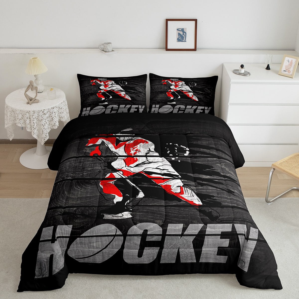 Hockey Player Bedding Twin Ice Hockey Theme Comforter Set, Black Grey