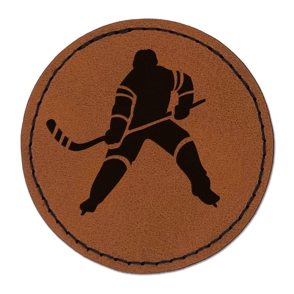 Hockey Player Holding Hockey Stick 2.5" Faux Leather Round Engraved Iron-On Patch - Brown