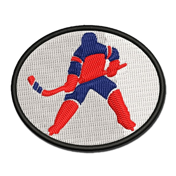Hockey Player Holding Hockey Stick Applique Multi-Color Embroidered Hook & Loop Patch - 2.0 Inch Mini