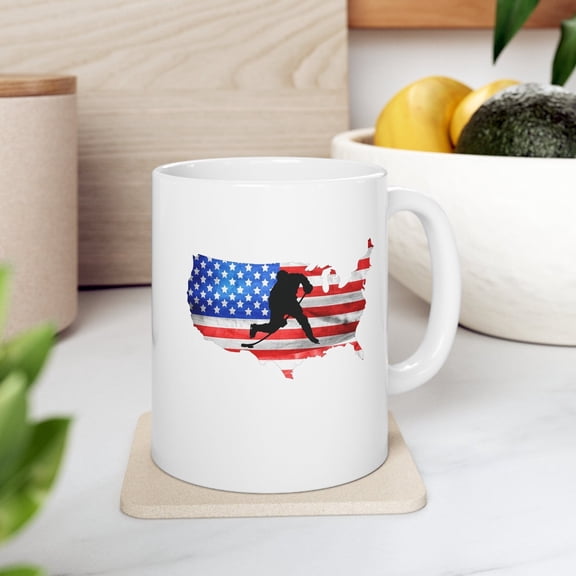 Hockey Player 11 oz Coffee Mug - American Flag Design for Hockey Fan White Ceramic Gift