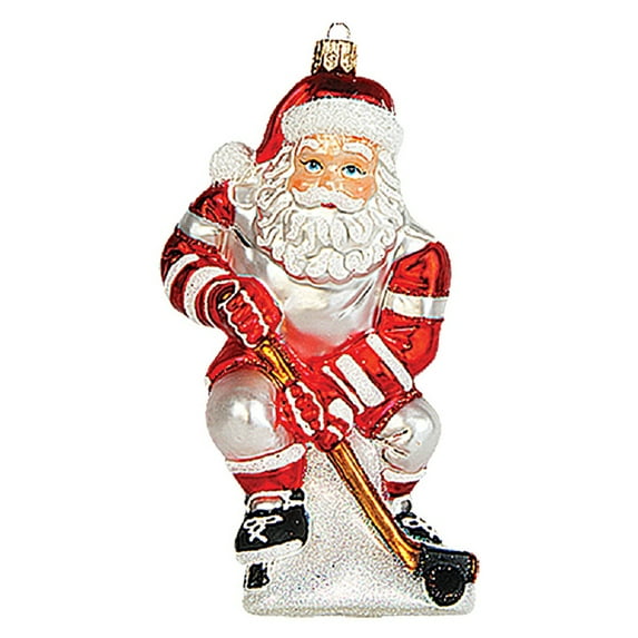 Hockey Player Santa Polish Mouth Blown Glass Christmas Ornament Tree Decoration