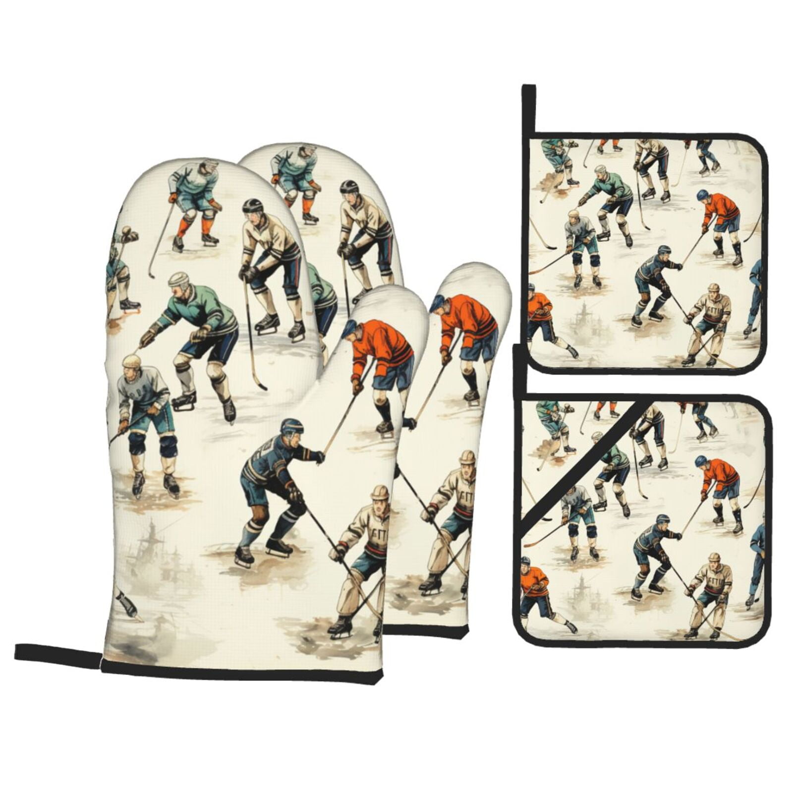 Hockey Players Vintage Cool 4Pcs Oven Mitts and Pot Holders Sets Oven Kitchen Gloves Hot Pads for Cooking BBQ Baking Grilling