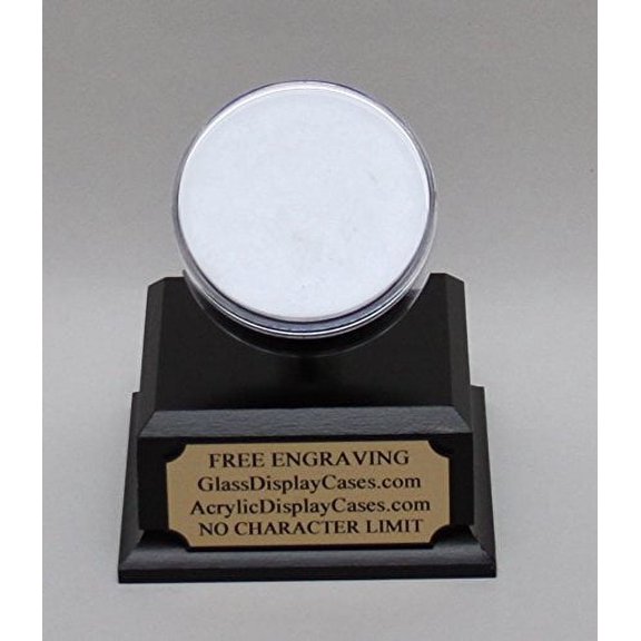 Hockey Puck Acrylic Display Case Round Holder with Black Finish Wood Platform Base - Free No Limit Engraving