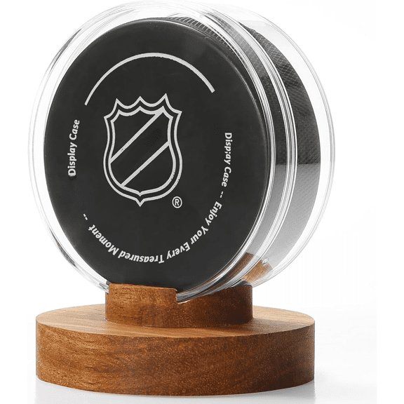 Hockey Puck Display Case Acrylic Clear Holder with Wood Base, Autograph Souvenir Display Stand, Perfect Showcase for Your Collection, Brown, 1 Pack