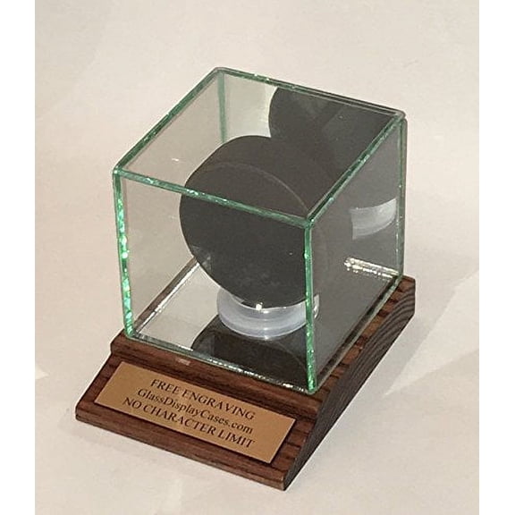 Hockey Puck Personalized Glass Display Case Solid Oak Wood Mirror Base Mahogany Finish