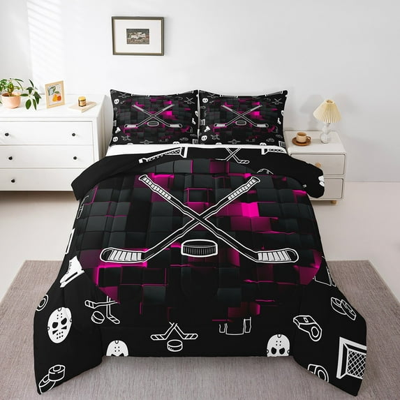 Hockey Queen Bedding Sets Ice Hockey Stick Puck Comforter Set Hot Pink Black Neon Geometric Checkered Down Comforter For Teen Women Winter Sports Gaming Quilt Set
