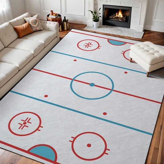 Hockey Rink Area Rug, Ice Field Pattern Carpet, Washable Non Slip Low Pile Soft Thin, Living Room Bedroom Dining Office Home Decor Mat 5x8ft