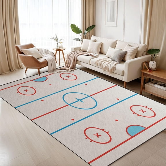 Hockey Rink Area Rug, Ice Field Sports Pattern Carpet, Washable Non Slip Low Pile Soft Thin, Living Room Bedroom Home Decor Mat 4x6ft