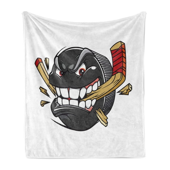 Hockey Soft Flannel Fleece Blanket, Cartoon Hockey Puck Bites and Breaks Hockey Stick Championship Game Mascot Character, Cozy Plush for Indoor and Outdoor Use, 50" x 70", Multicolor, by Ambesonne