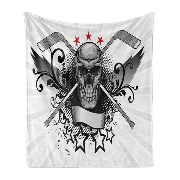 Hockey Soft Flannel Fleece Blanket, Illustration of a Skull with Hockey Sticks Swirls and Stars Scary Mascot, Cozy Plush for Indoor and Outdoor Use, 70" x 90", Black White Pale Grey, by Ambesonne