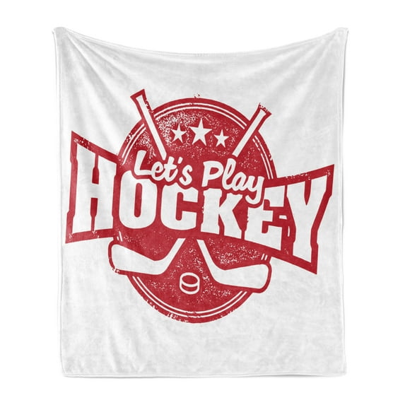 Hockey Soft Flannel Fleece Blanket, Let's Play Retro Style Sports Stamp Illustration League Tournament Win Victory, Cozy Plush for Indoor and Outdoor Use, 50" x 60", Dark Coral White, by Ambesonne