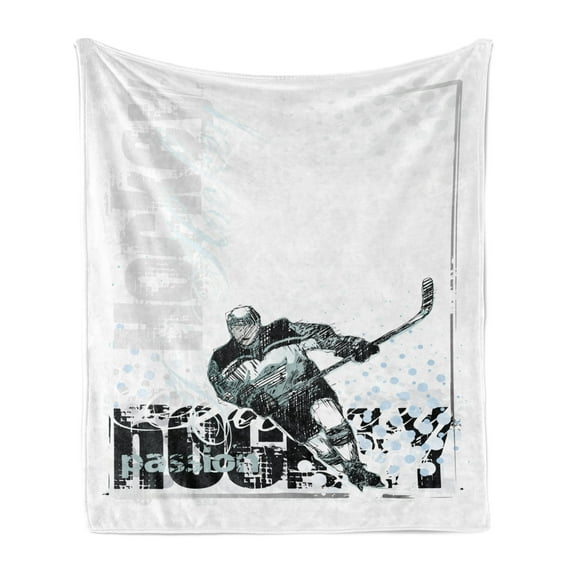 Hockey Soft Flannel Fleece Blanket, Professional Goaltender in Sketch Art Style on a Grunge Sports Background with Dots, Cozy Plush for Indoor and Outdoor Use, 60" x 80", Multicolor, by Ambesonne