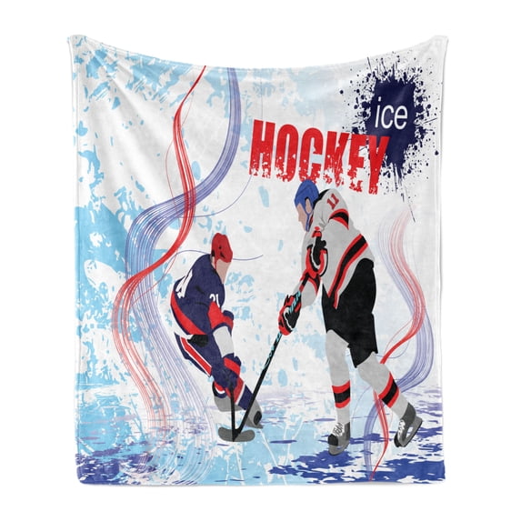 Hockey Soft Flannel Fleece Throw Blanket, 2 Ice Hockey Players in Cartoon Style on Grunge Abstract Skating Rink Backdrop, Cozy Plush for Indoor and Outdoor Use, 50" x 60", Multicolor, by Ambesonne