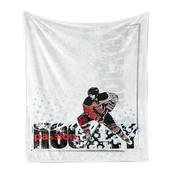Hockey Soft Flannel Fleece Throw Blanket, Artwork of a Goalie Playing Sports Passionate Professional Game Theme, Cozy Plush for Indoor and Outdoor Use, 70" x 90", Multicolor, by Ambesonne