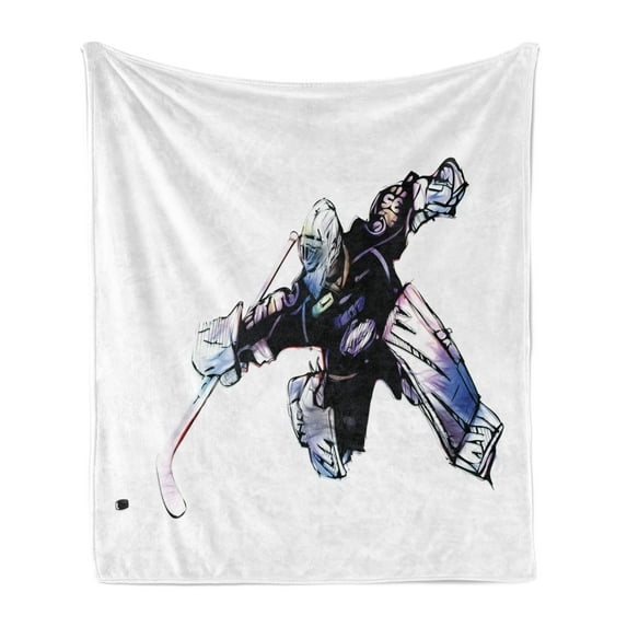 Hockey Soft Flannel Fleece Throw Blanket, Goalkeeper Hand Drawn Style Protective Gear in a Competitive Game, Cozy Plush for Indoor and Outdoor Use, 60" x 80", Purple Black White, by Ambesonne