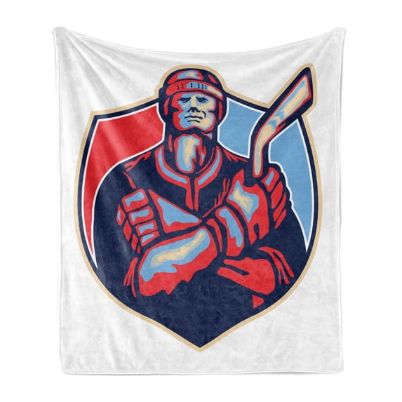Hockey Soft Flannel Fleece Throw Blanket, Illustration of an Ice Hockey Player Holding Stick in Retro Style, Cozy Plush for Indoor and Outdoor Use, 70" x 90", Dark Coral Pale Blue, by Ambesonne
