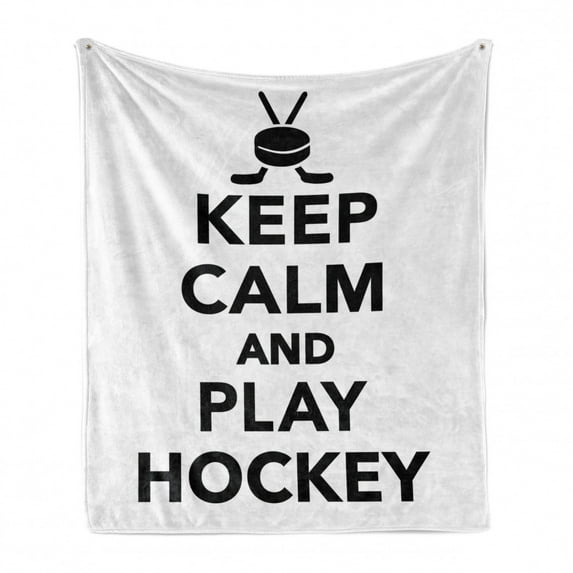Hockey Soft Flannel Fleece Throw Blanket, Keep Calm and Play Words Sticks in Monochrome Competition Sports, Cozy Plush for Indoor and Outdoor Use, 50" x 70", Black White, by Ambesonne