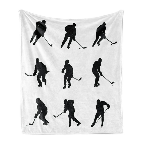 Hockey Soft Flannel Fleece Throw Blanket, Monochrome Pattern Player Silhouettes in Different Positions Sticks, Cozy Plush for Indoor and Outdoor Use, 50" x 60", Black White, by Ambesonne