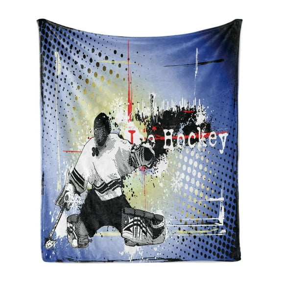 Hockey Soft Flannel Fleece Throw Blanket, Retro Halftone Style Backdrop Player Snowflakes and Cityscape Silhouette, Cozy Plush for Indoor and Outdoor Use, 60" x 80", Multicolor, by Ambesonne