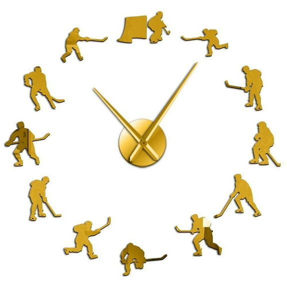 Hockey Sport Wall Hanging DIY Large Wall Clock Ice Hockey Players Silhouette Mirror Stickers Home Decor Wall Watch Gift For Man(Gold,37inch)