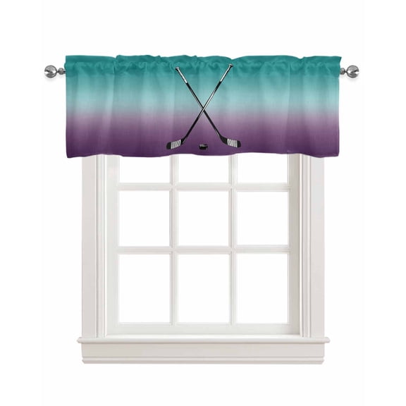 Hockey Sports Kitchen Valances for Windows Farmhouse Linen Window Valance Curtain for Living Room Window Treatment Turquoise Aqua Purple Gradient Colored Valance Rod Pocket Topper Drape, 42 x 18 Inch