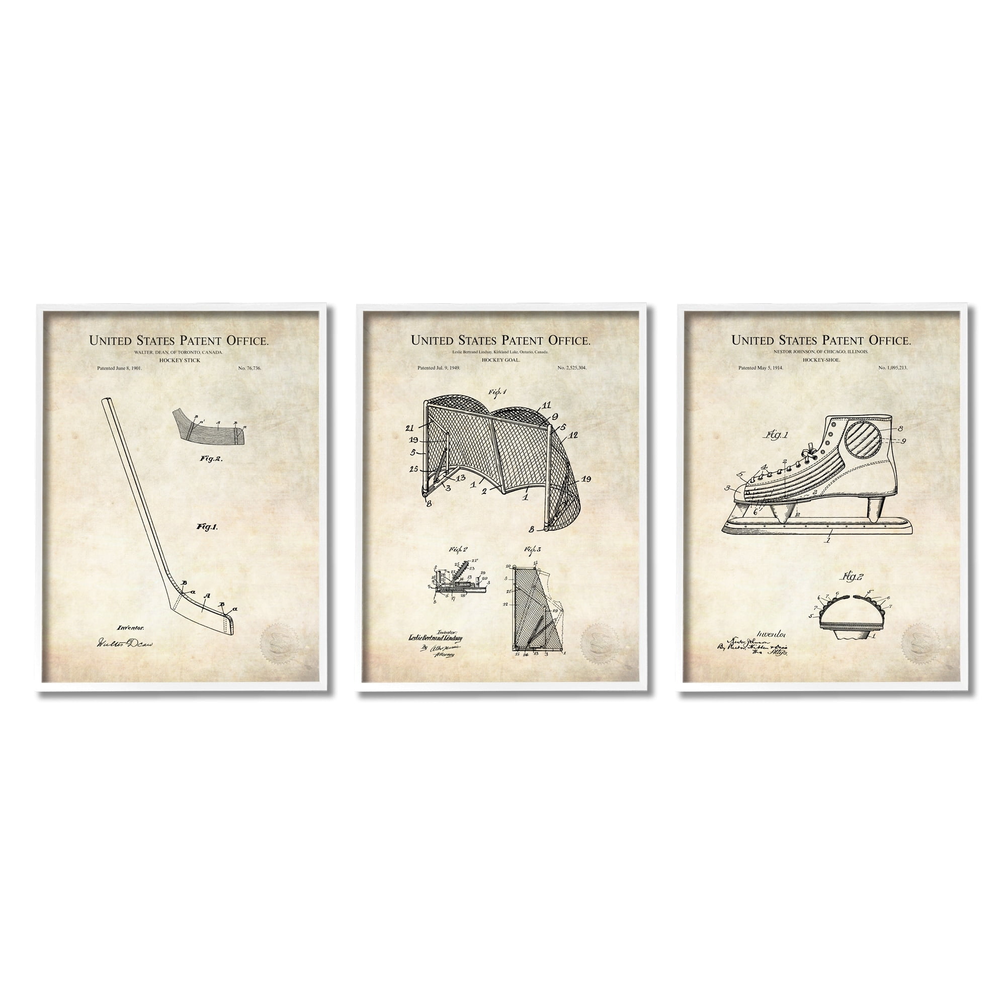 Hockey Sports Patent Athletic Equipment Diagram Skates Net Typography Graphic Art Framed Art Print Wall Art, Set Of 3
