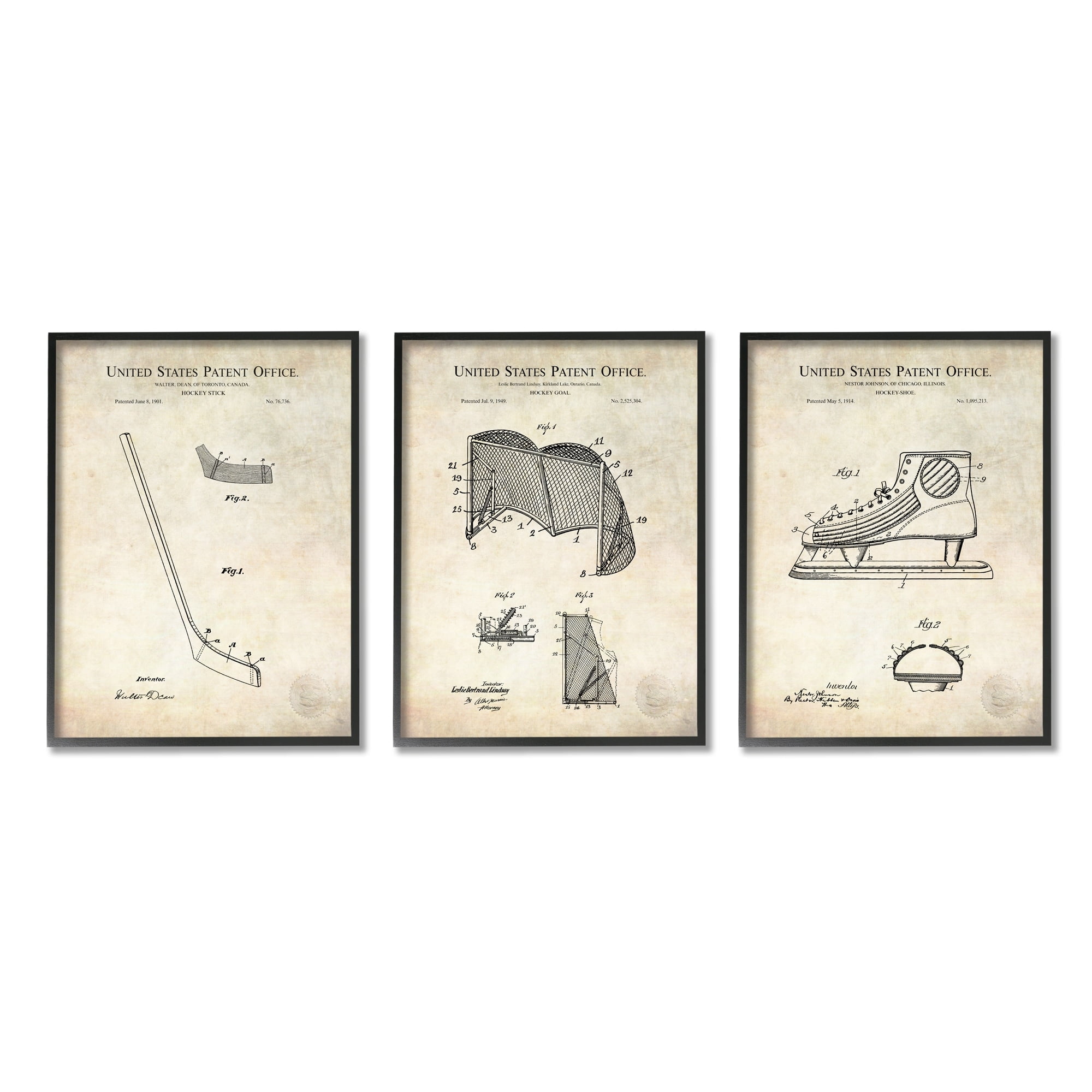 Hockey Sports Patent Athletic Equipment Diagram Skates Net Typography Graphic Art Framed Art Print Wall Art, Set Of 3