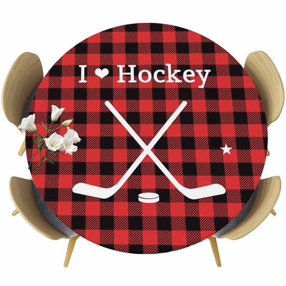 Hockey Sports Star Red Buffalo Plaid Fitted Round Tablecloths Table Covers 45"-54",Waterproof Table Cloth for Kitchen Holiday Party Tables Decor