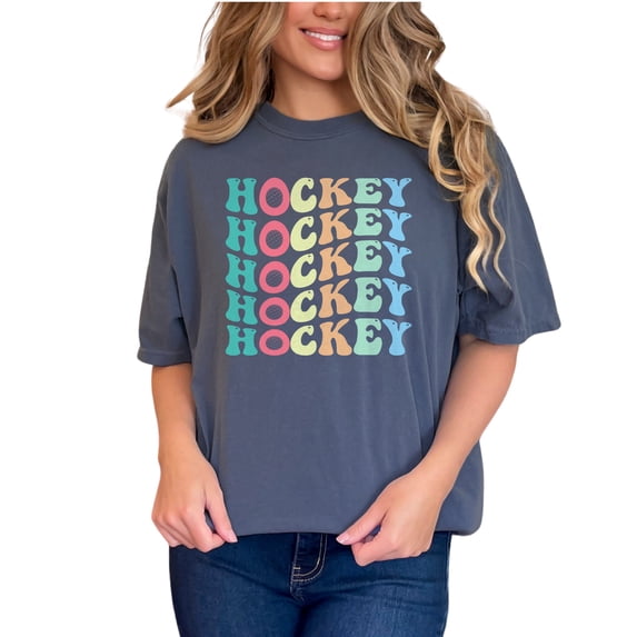 Hockey, Sports Themed, Groovy Retro Wavy Text, Denim Comfort Colors T-Shirt, 2XL