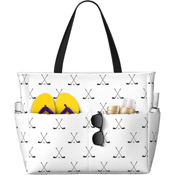 Hockey Stick Pattern Beach Bag Women Tote Bag Pool Bag With Zipper For Gym Grocery Travel With Wet Pocket, Black
