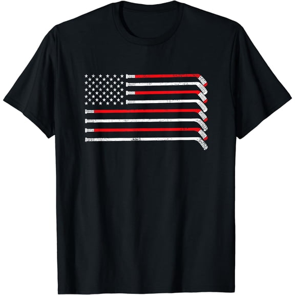 Hockey Stick USA Flag Faded Hockey Player T-Shirt