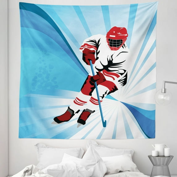 Hockey Tapestry, Hockey Player Makes a Strong Shot on Goal Rival Illustration Abstract Backdrop, Fabric Wall Hanging Decor for Bedroom Living Room Dorm, 5 Sizes, Blue Red White, by Ambesonne