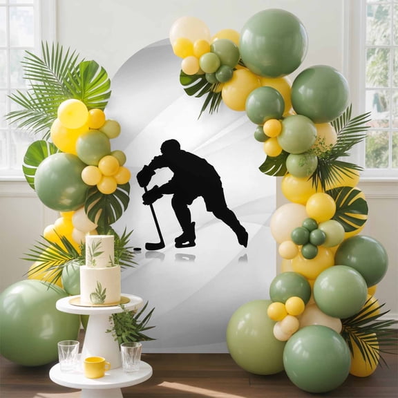 Hockey Theme Arch Backdrop Cover, 4FT, Sports Athletes Silhouette Grey Background Spandex Arch Covers Double-Sided Backdrop for Wedding Birthday Party Photo Background Decoration