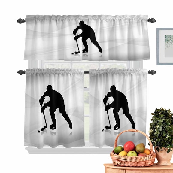 Hockey Theme Kitchen Curtains Valances 3 Piece Set, Sports Athletes Silhouette Grey Background Rod Pocket Tier Curtain and Valance Drapes for Small Window 36 Inch Length for Bedroom Cafe