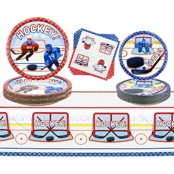 Hockey Theme Party Supplies - 122 Pcs Hockey Plates Napkins Tablecloth Set, for Kid's Hockey Fans Birthday Gameday - Serves 40