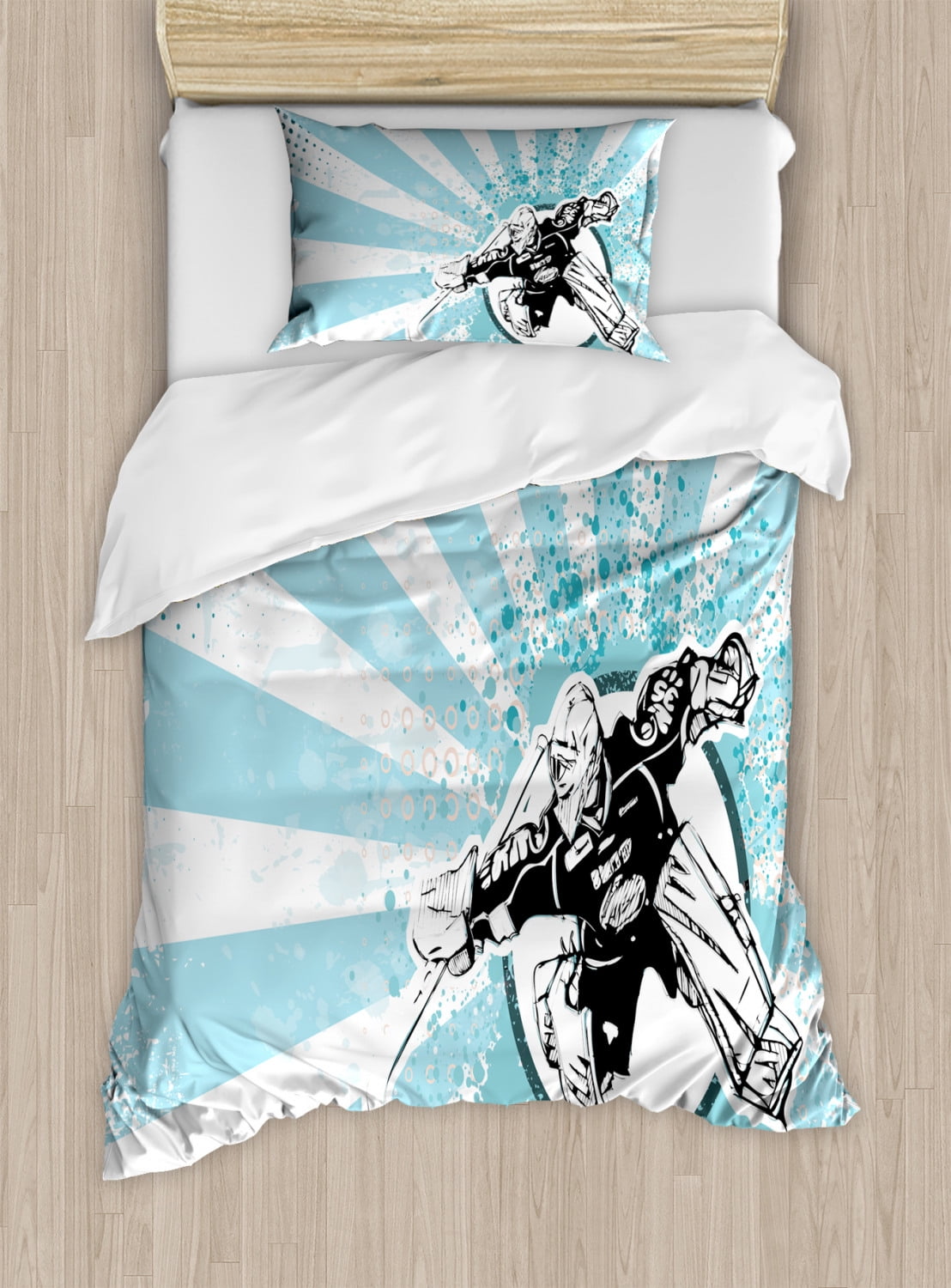 Twin Pale Blue and White Hockey Duvet Cover Set