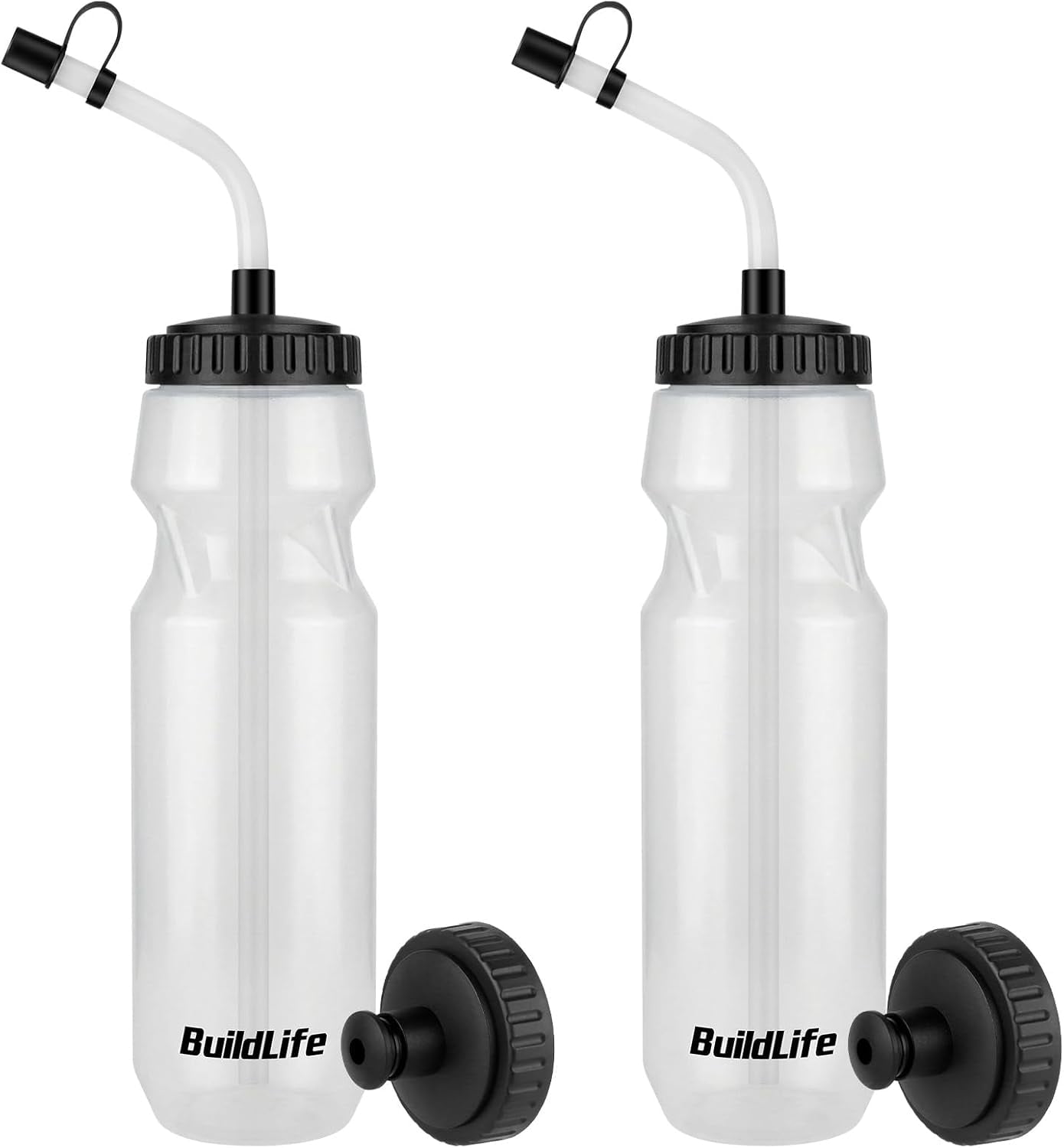 Hockey Water Bottle with Long Straw -32 OZ Squeeze Sports Water Bottles 2 Pack with 2 Lids Each(Straw and Squeeze),Lacrosse Water Bottle for HelmetHockey,Football,Boxing,BPA Free,Dishwash Safe(Clear)