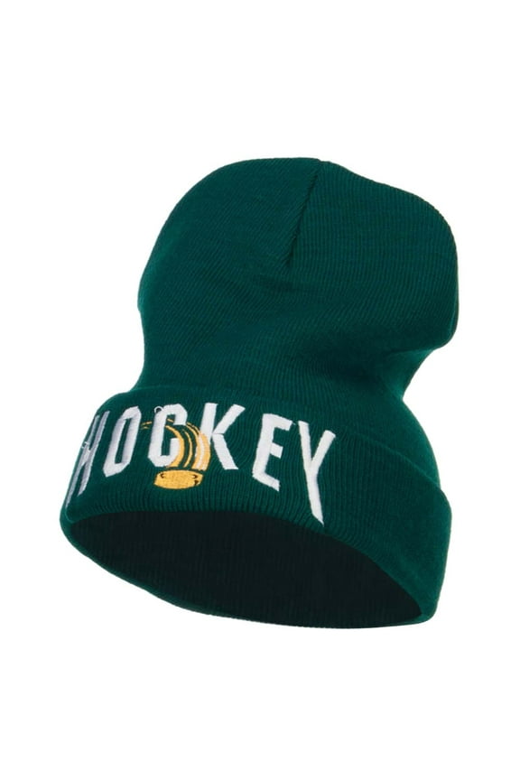 Hockey with Puck Embroidered Long Beanie - Dk Green OSFM