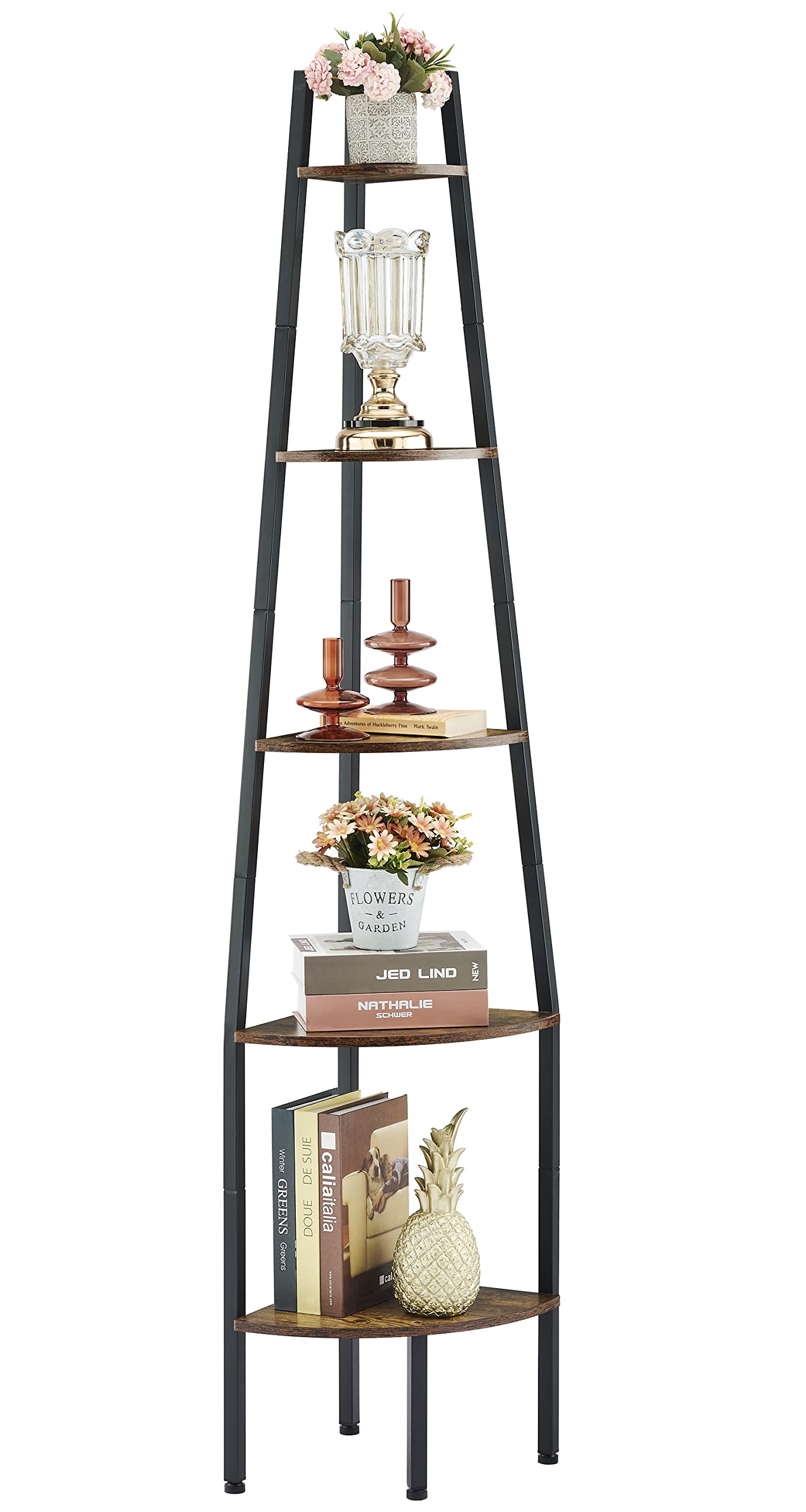 Hoctieon Corner Shelf, Industrial 5Tier Corner Bookshelf, Rustic