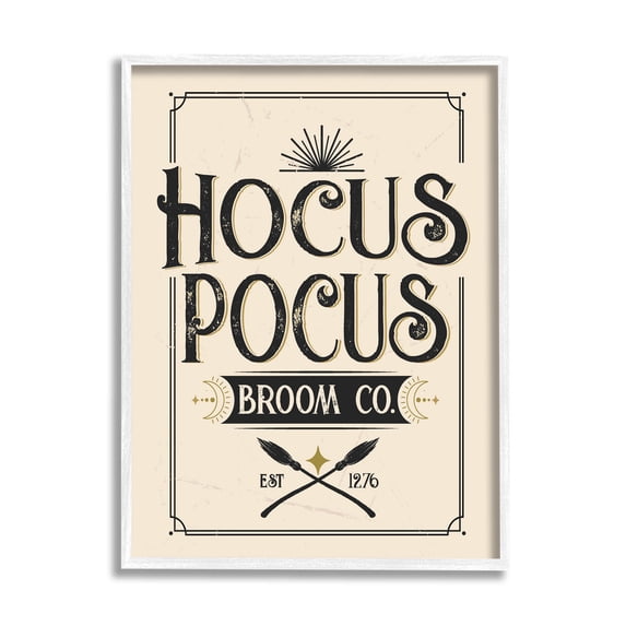 Hocus Pocus Broom Co Sign Holiday Graphic Art White Framed Art Print Wall Art
