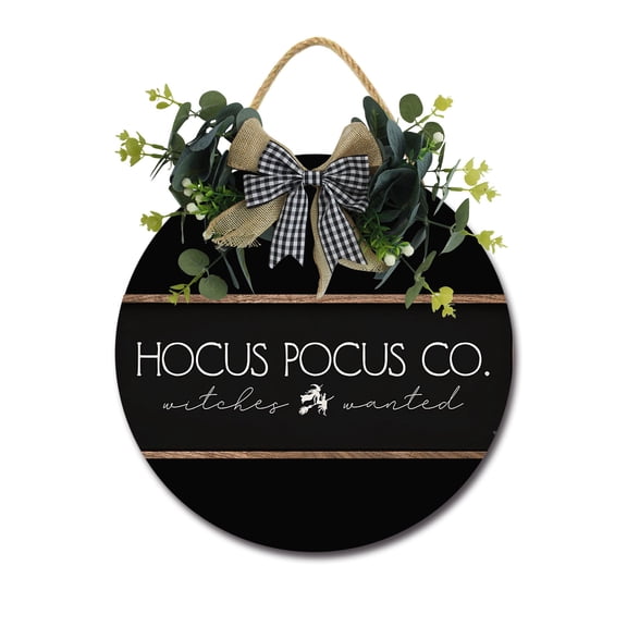 Hocus Pocus Co Door Sign Home Decor Round Wood Wreaths Wall Hanging Sign Farmhouse Porch Sign Front Door Decoration for Housewarming Gift All Seasons Holiday,11In
