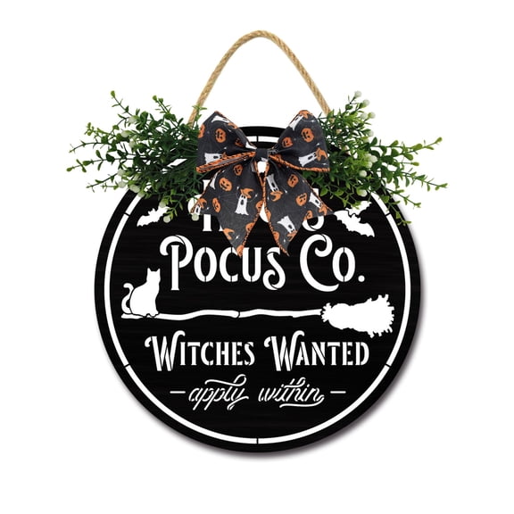 Hocus Pocus Co Sign Front Door Porch Decorations, Round Rustic Wood Hanging Sign for Farmhouse Porch Outdoor Home Holiday Front Door Sign Decor