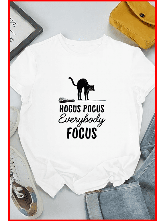 Hocus Pocus Everybody Focus Funny Cat Halloween Teacher Top Unisex T-Shirt,S-5XL