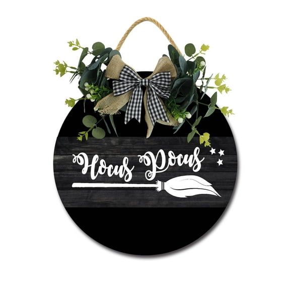 Hocus Pocus Front Door Sign Funny Wreaths Hanging Wooden Plaque Decoration Round Rustic Wood Farmhouse Porch Decor for Home Front Door Decor, 11 x 11 Inch