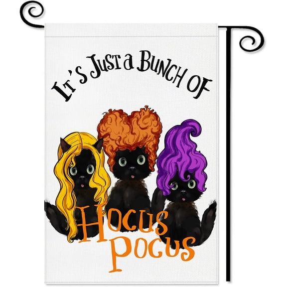 Hocus Pocus Halloween Garden Flag: Black Cat Dressed as Sanderson Sisters Premium Burlap Yard Flag 12x18 Inch Double Sided - Holiday Outdoor House Decor Seasonal Decoration