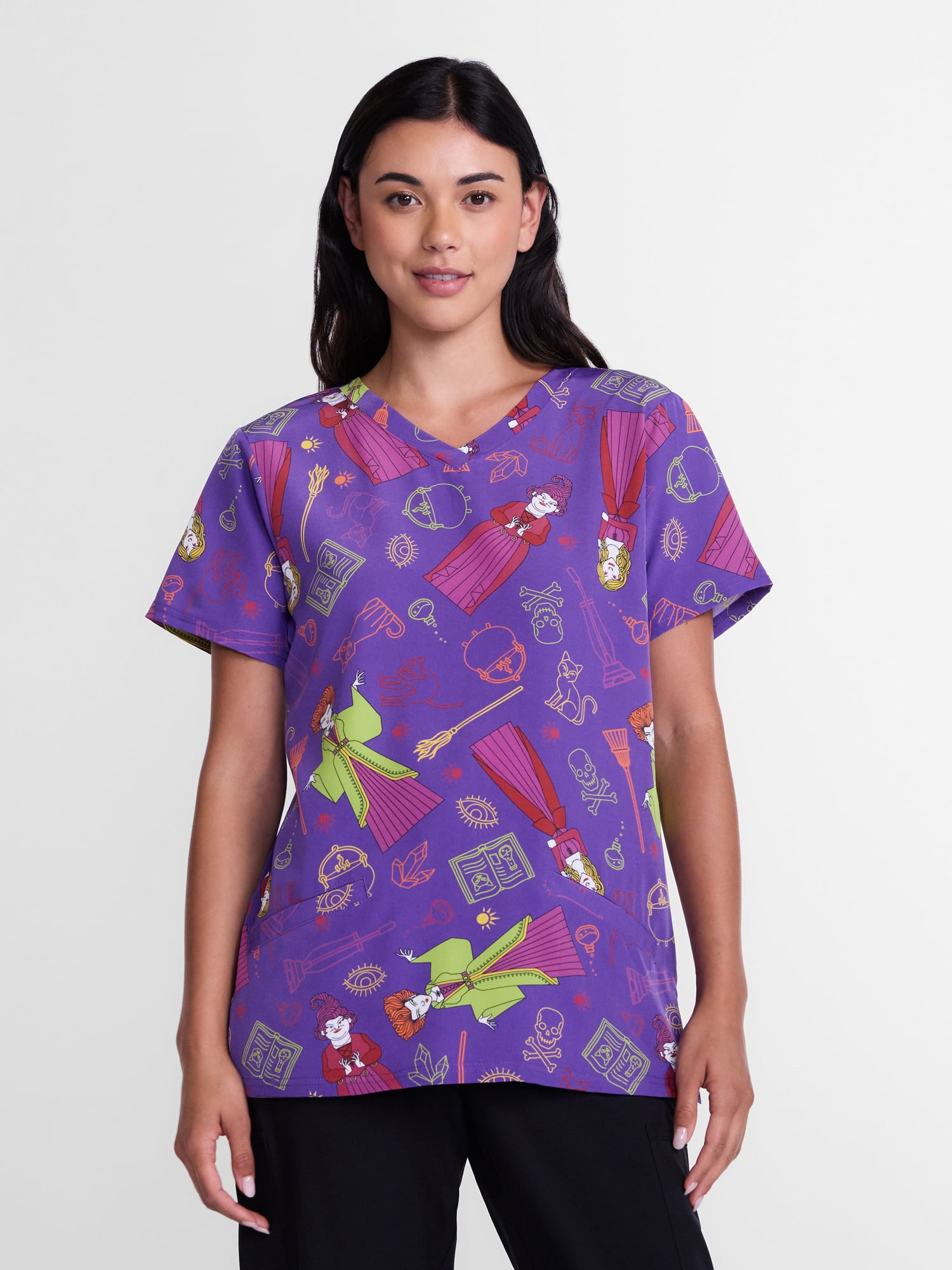 Hocus Pocus Women's Halloween Scrub Top with Short Sleeves, Sizes S-XXXL